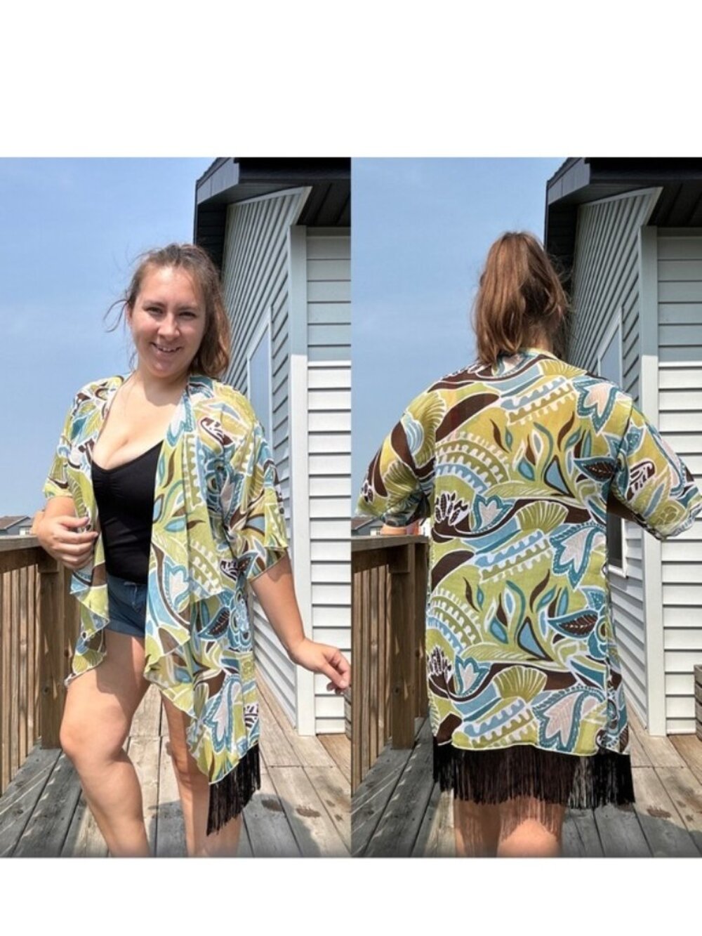 LulaRoe | Green & Brown Floral Tropical Monroe kimono | Size Small